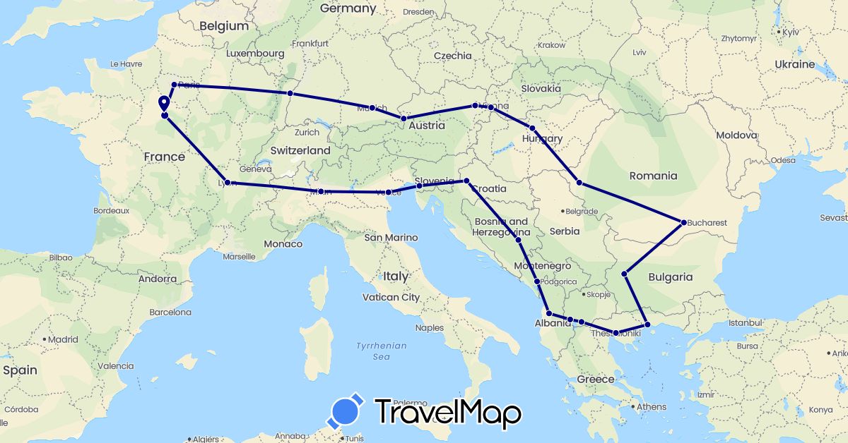 TravelMap itinerary: driving in Albania, Austria, Bosnia and Herzegovina, Bulgaria, Germany, France, Greece, Croatia, Hungary, Italy, Montenegro, Macedonia, Romania, Slovakia (Europe)